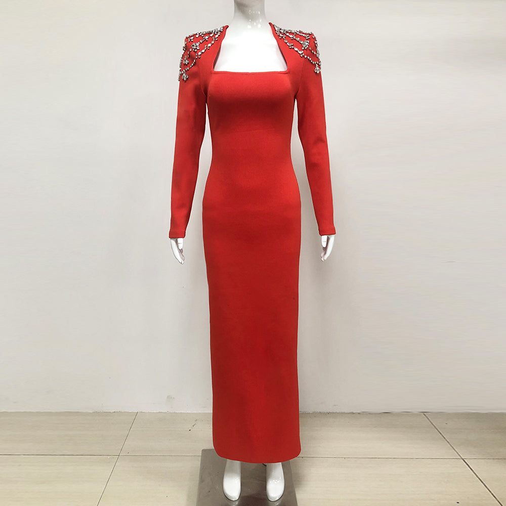 Long Sleeve Crystal Shoulder Maxi Dress Red BB10026