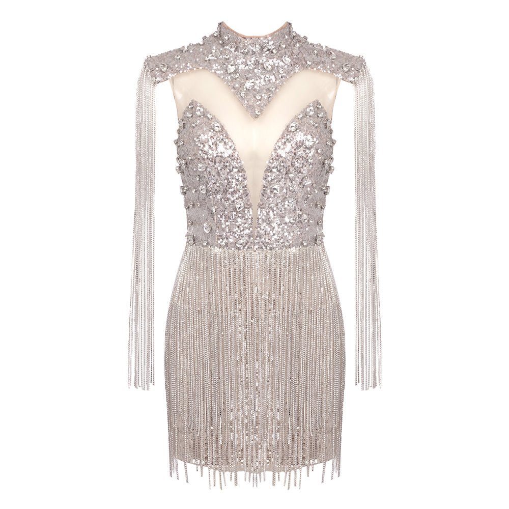Crystal Sequin Tassel Dress Rose Silver HV1402