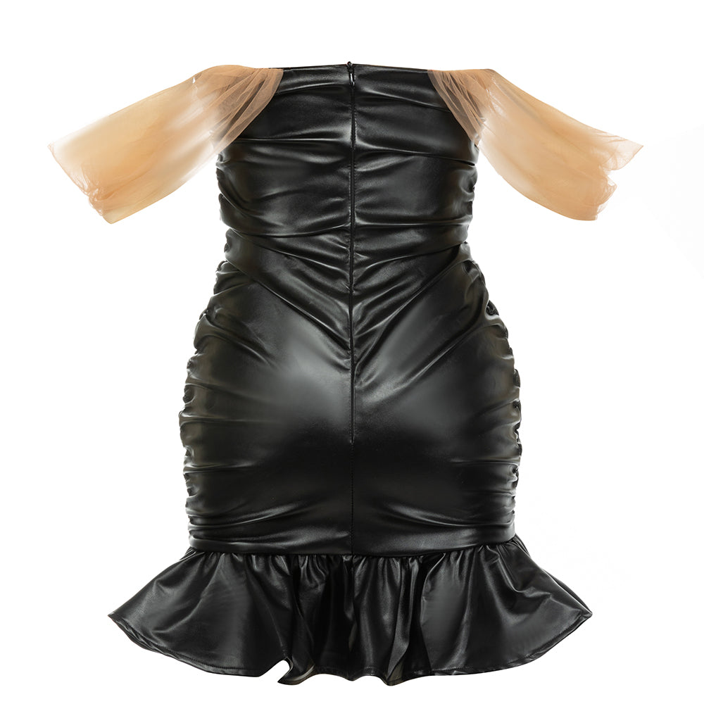 Off Shoulder Ruched Faux Leather Dress Black HV9694