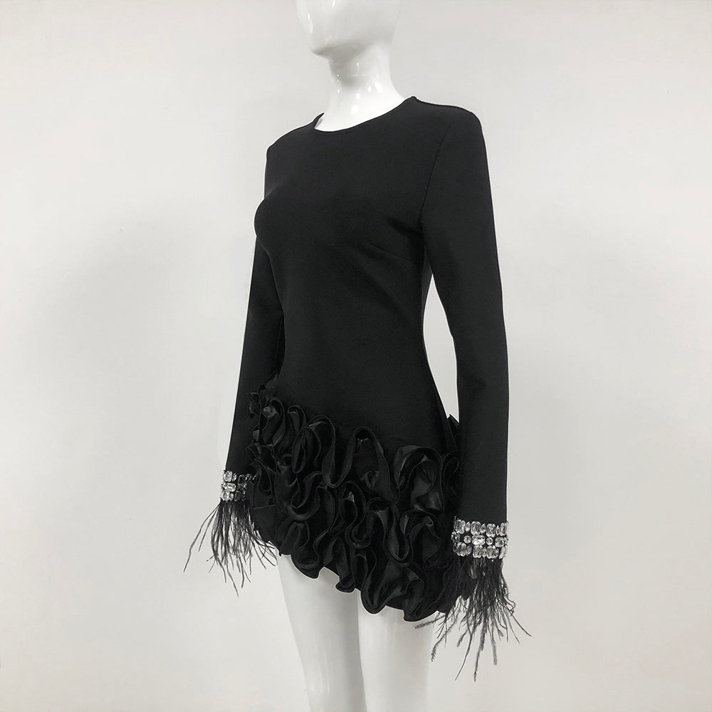 Crystal Feather Long Sleeve Ruffle Dress