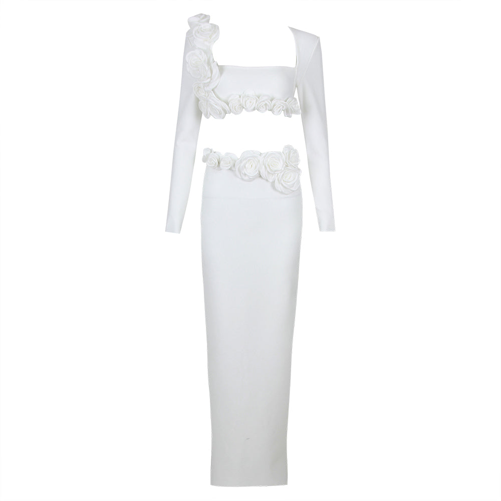 Long Sleeve Flower Detail Two Piece Maxi Dress White HV1155