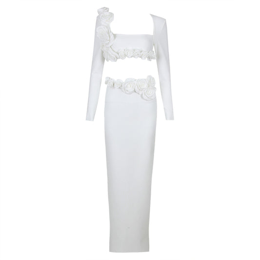 Long Sleeve Flower Detail Two Piece Maxi Dress White HV1155