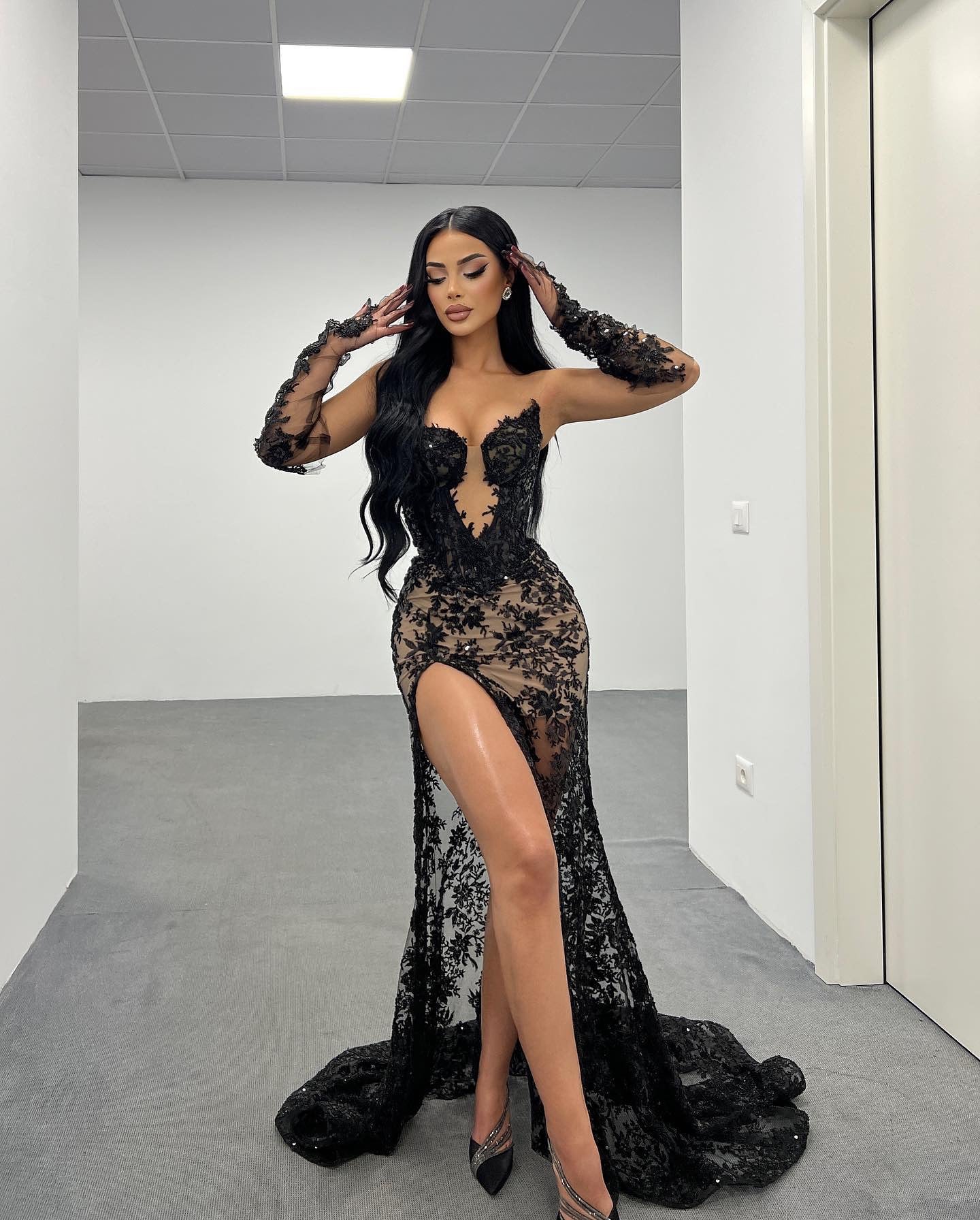 Strapless Sequin Lace Maxi Dress Black HV1630
