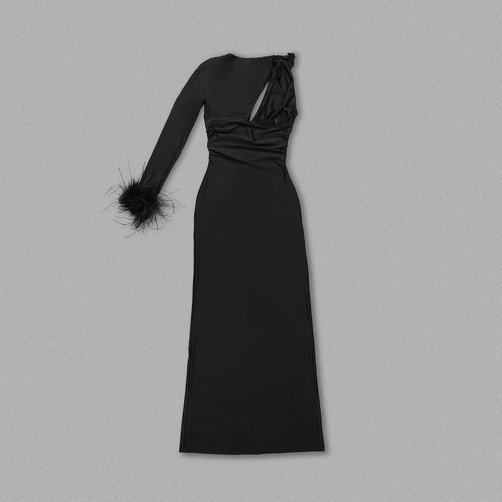 One Sleeve Feather Maxi Dress Black HV1081