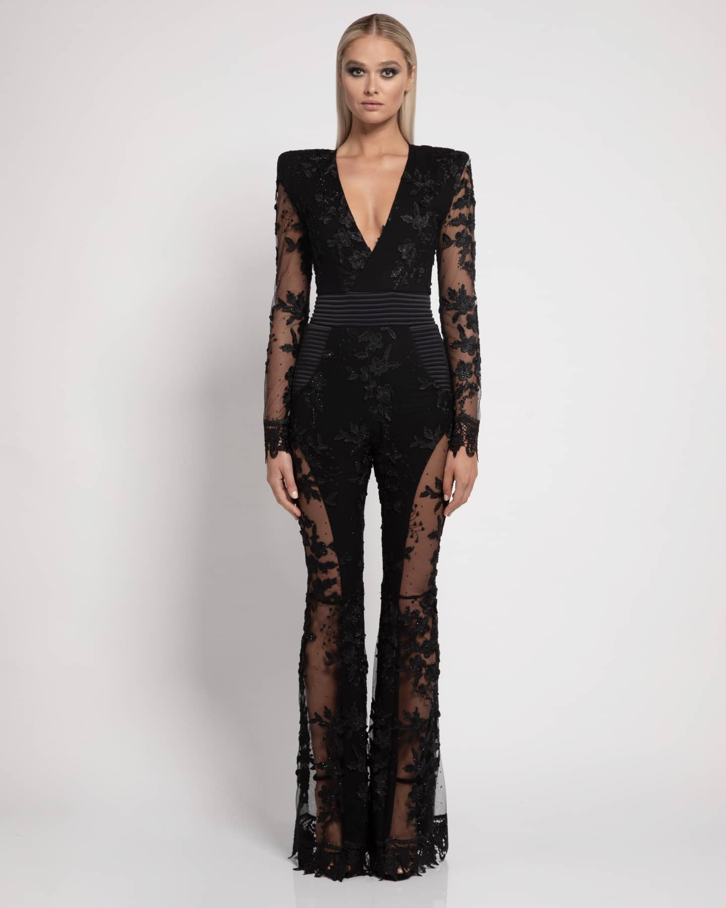 Long Sleeve Floral Lace Jumpsuit Black HV1988