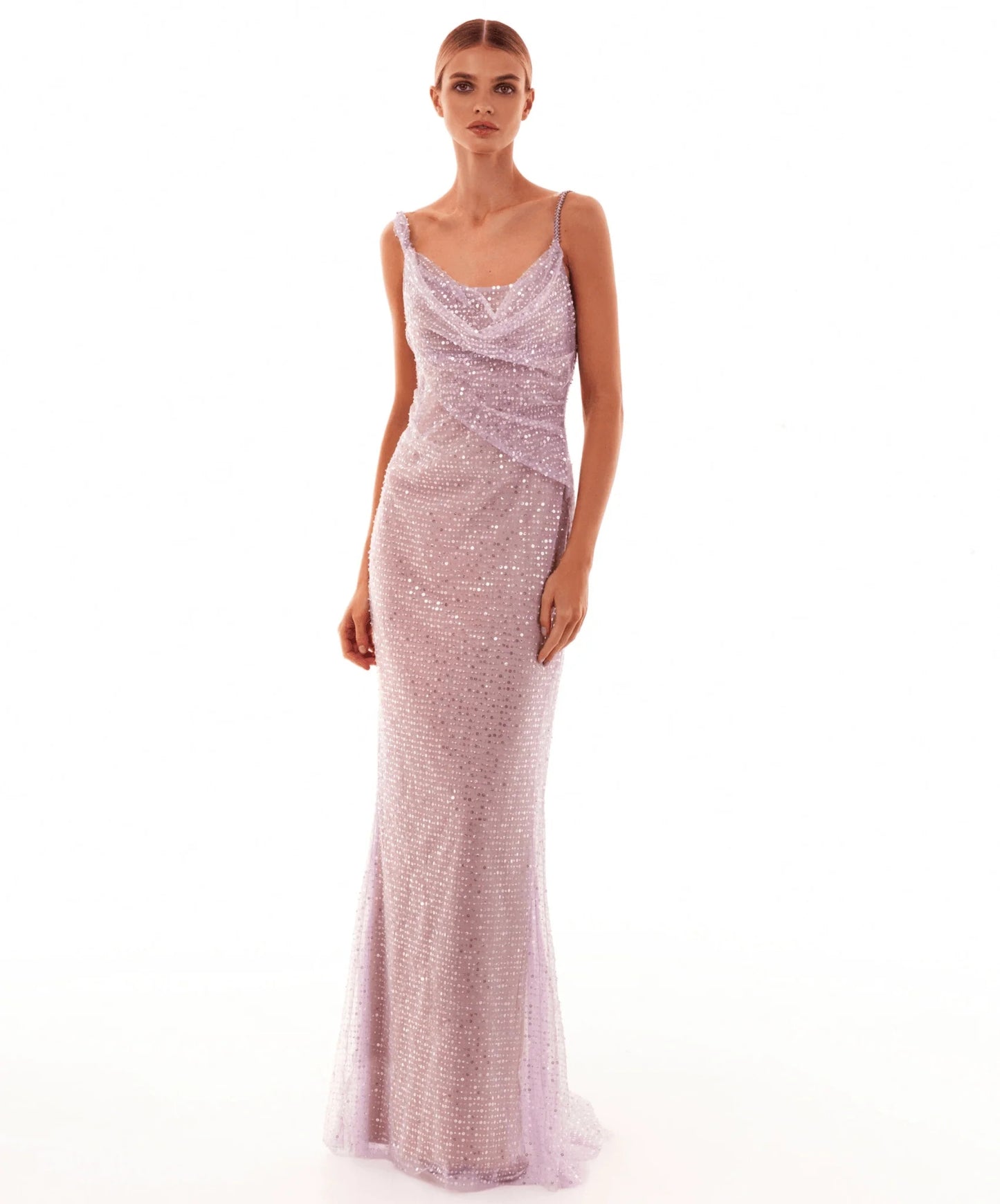 Crystal Straps Draped Sequin Maxi Dress HV1365
