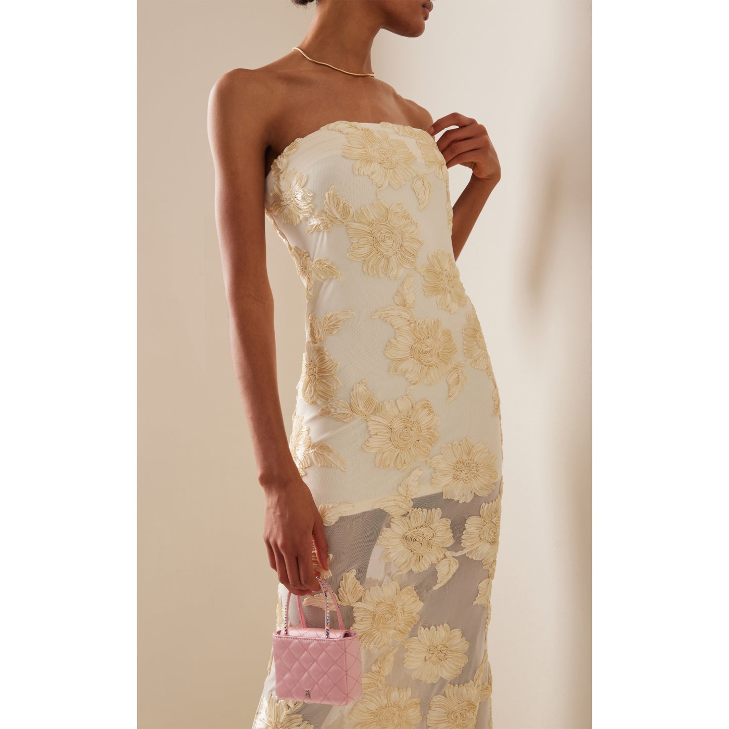 Strapless Floral Tail Maxi Dress Ivory HV1408