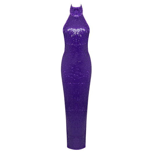 Halter Sequin Backless Maxi Dress Purple HV9572