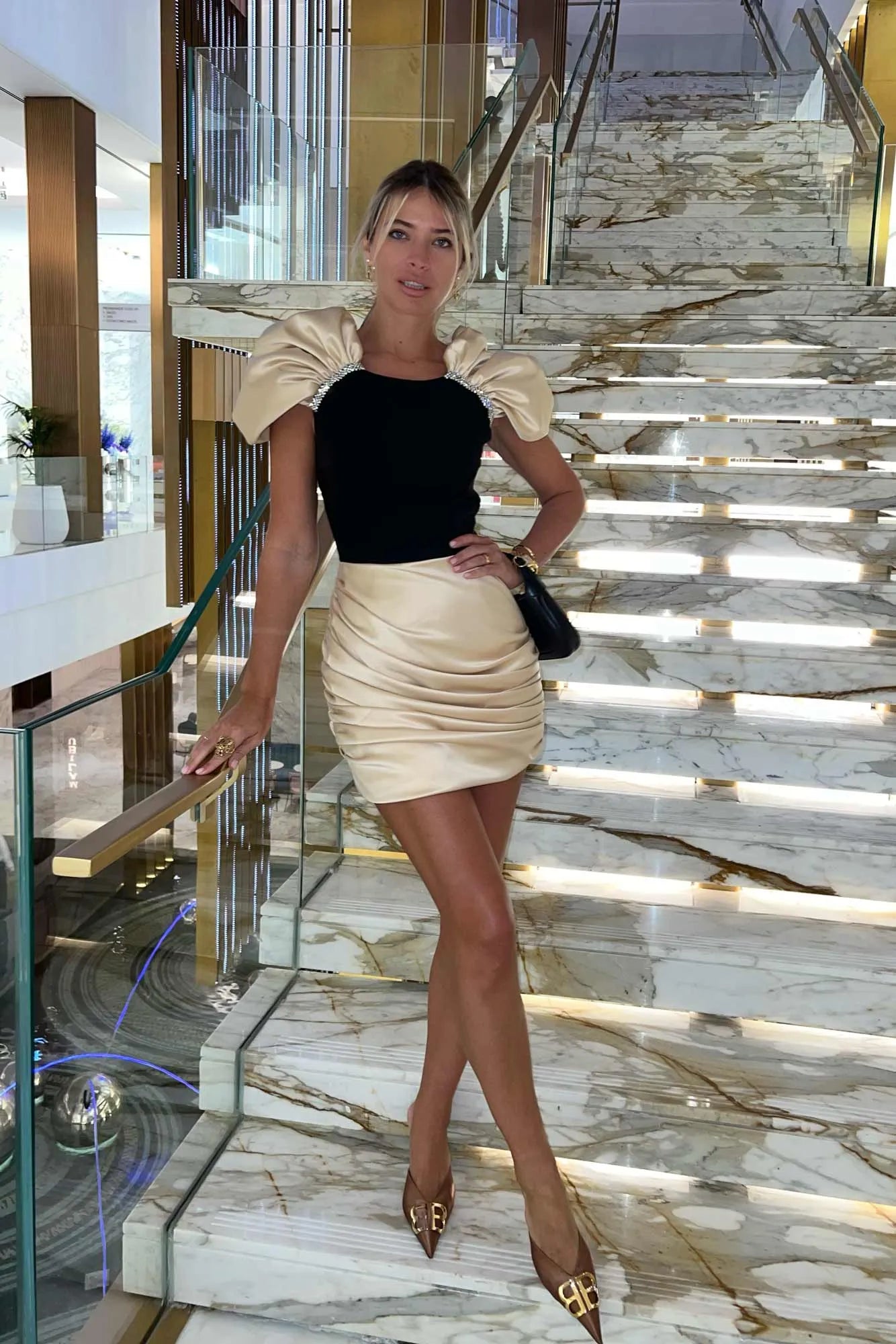 Draped Crystal Detail Dress Ivory Black