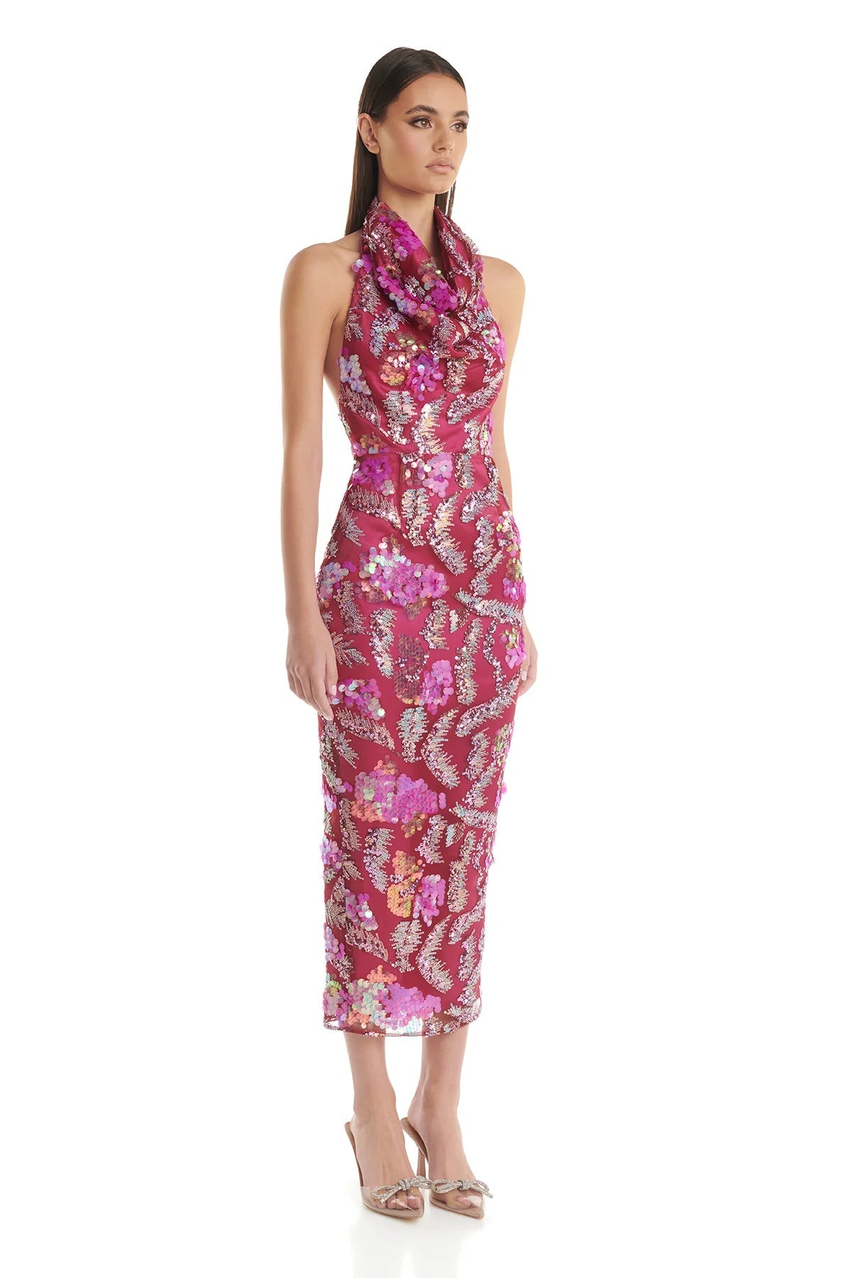 Halter Floral Sequin Midi Dress Hot Pink HV1618