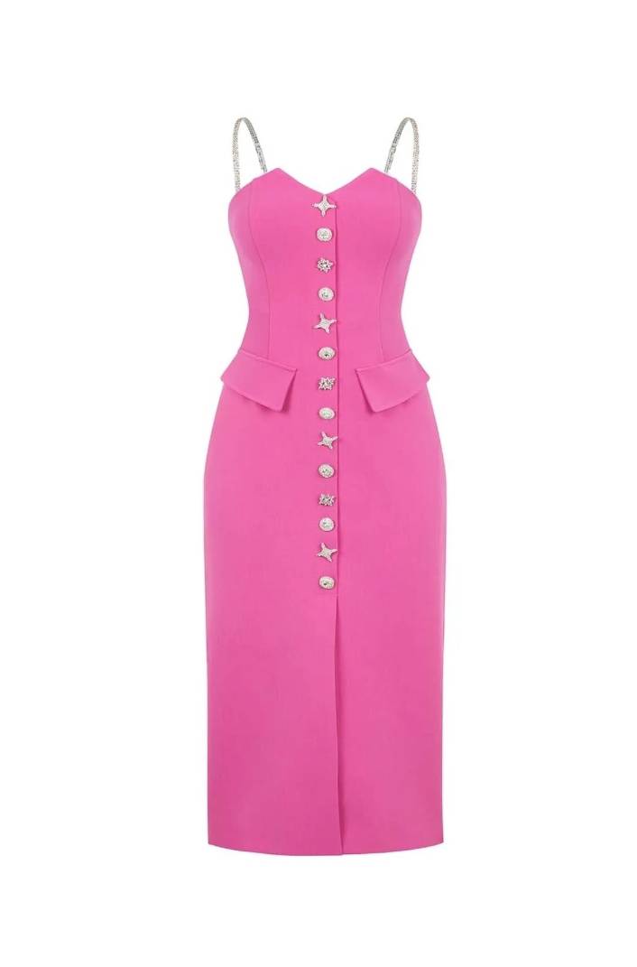 Crystal Button Midi Dress Hot Pink HV1475