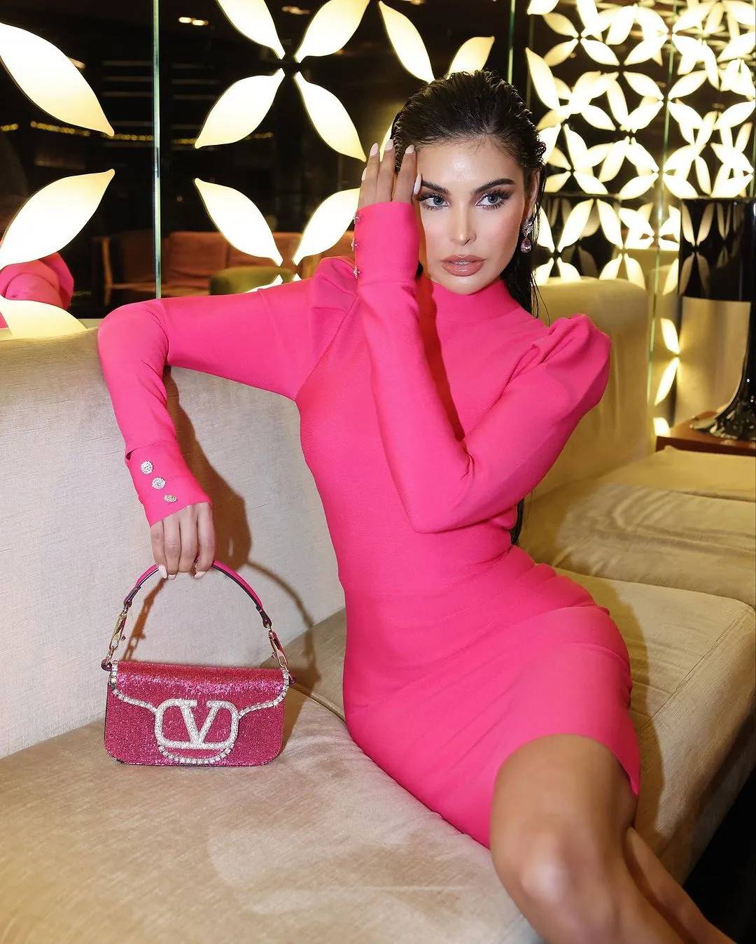 Puff Sleeve Dress Hot Pink HV6997