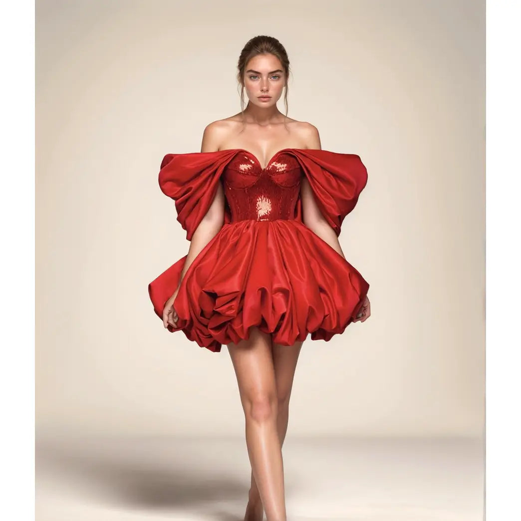 Bardot Sequin Bustier Puff Dress Red