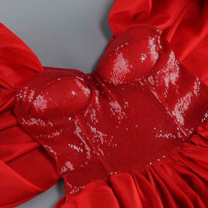 Bardot Sequin Bustier Puff Dress Red