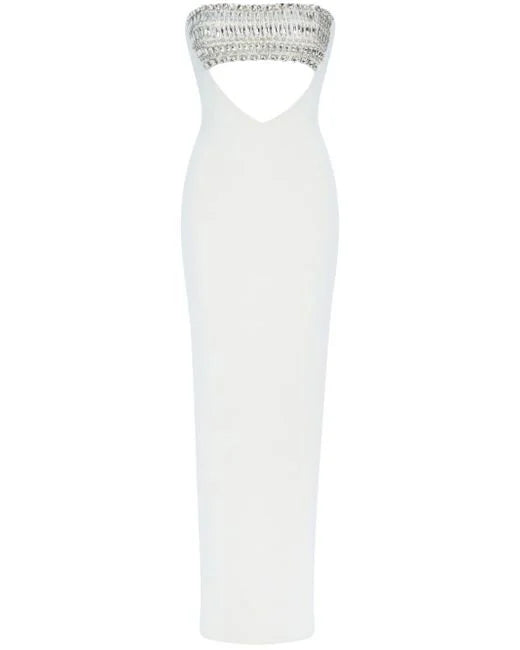 Strapless Crystal Cut Out Maxi Dress White