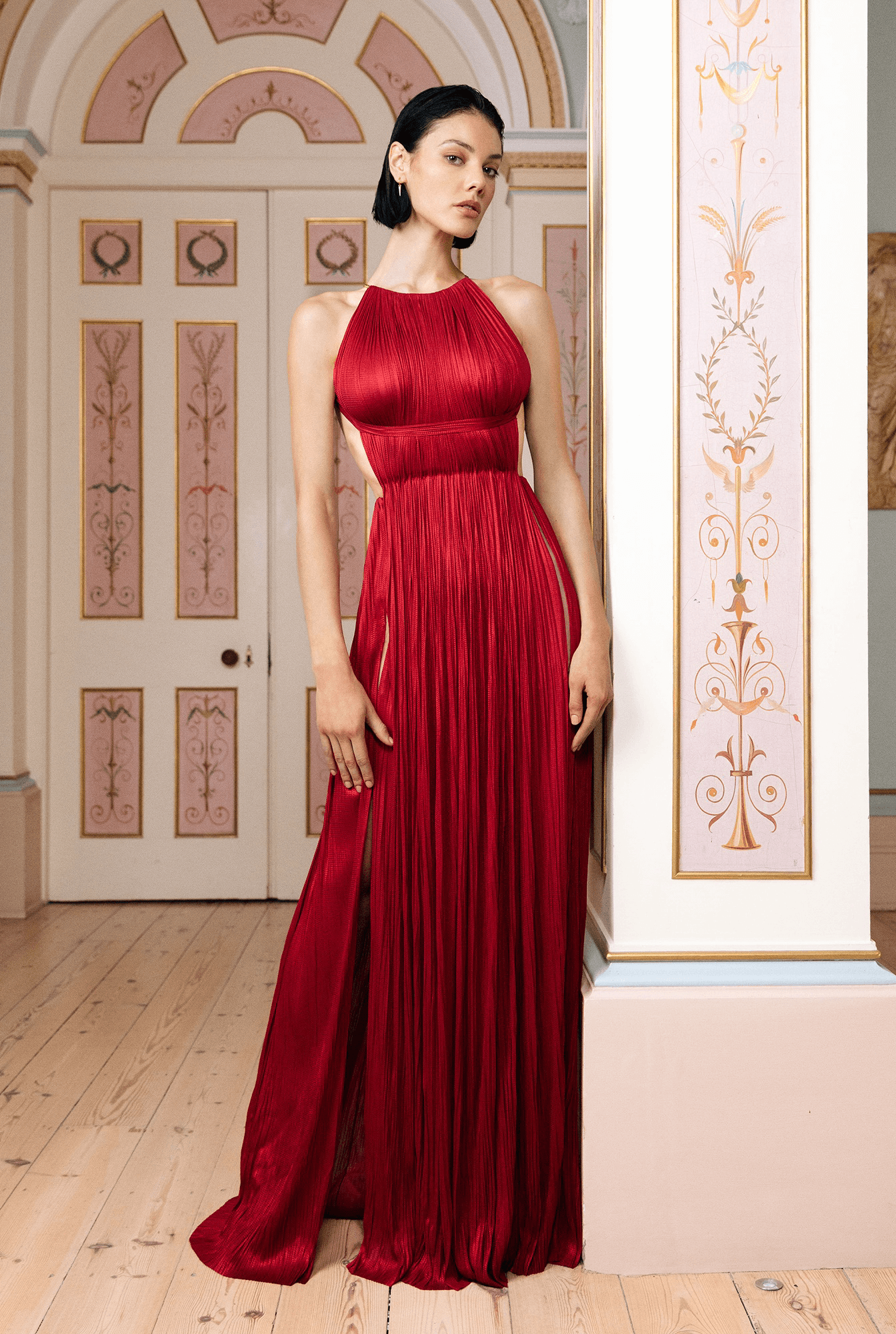 Halter Sparkly Pleated Maxi Dress Red HV1937