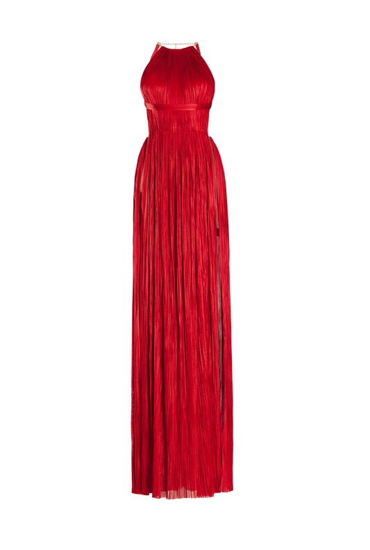 Halter Sparkly Pleated Maxi Dress Red  HV1937