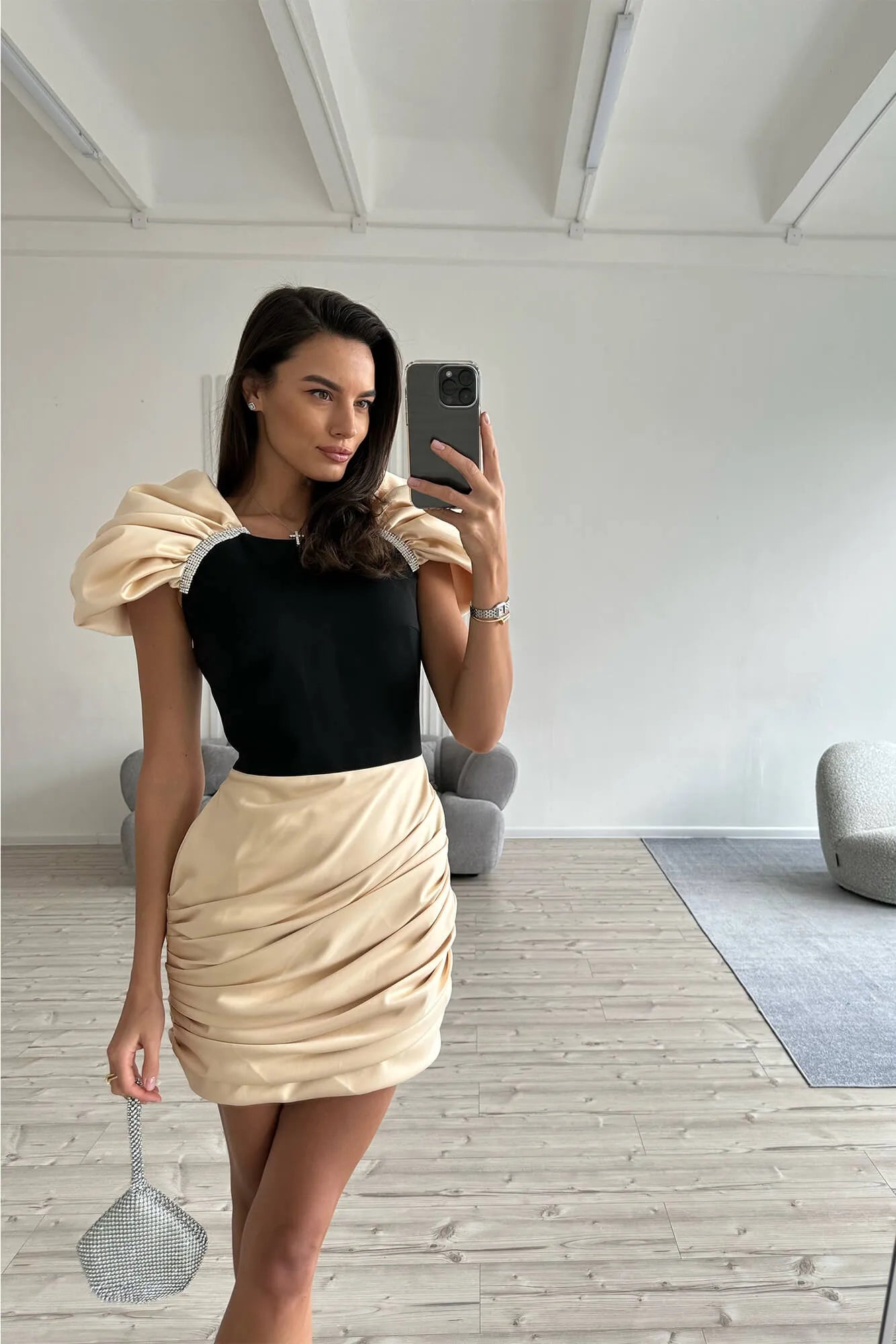 Draped Crystal Detail Dress Ivory Black