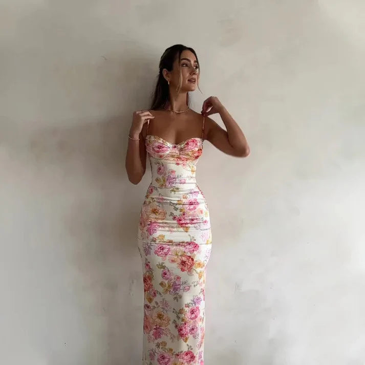 Bustier Lace Floral Maxi Dress Pink