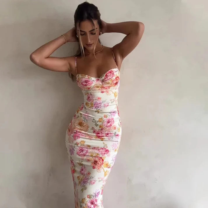 Bustier Lace Floral Maxi Dress Pink