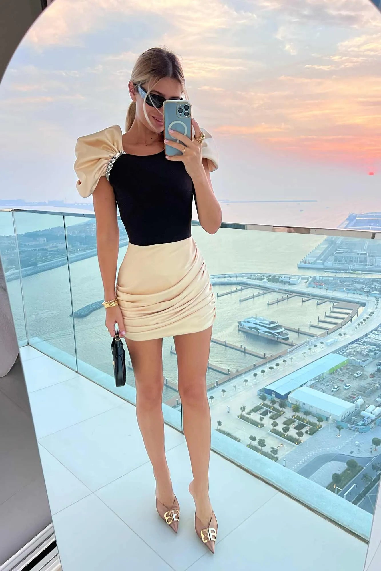 Draped Crystal Detail Dress Ivory Black