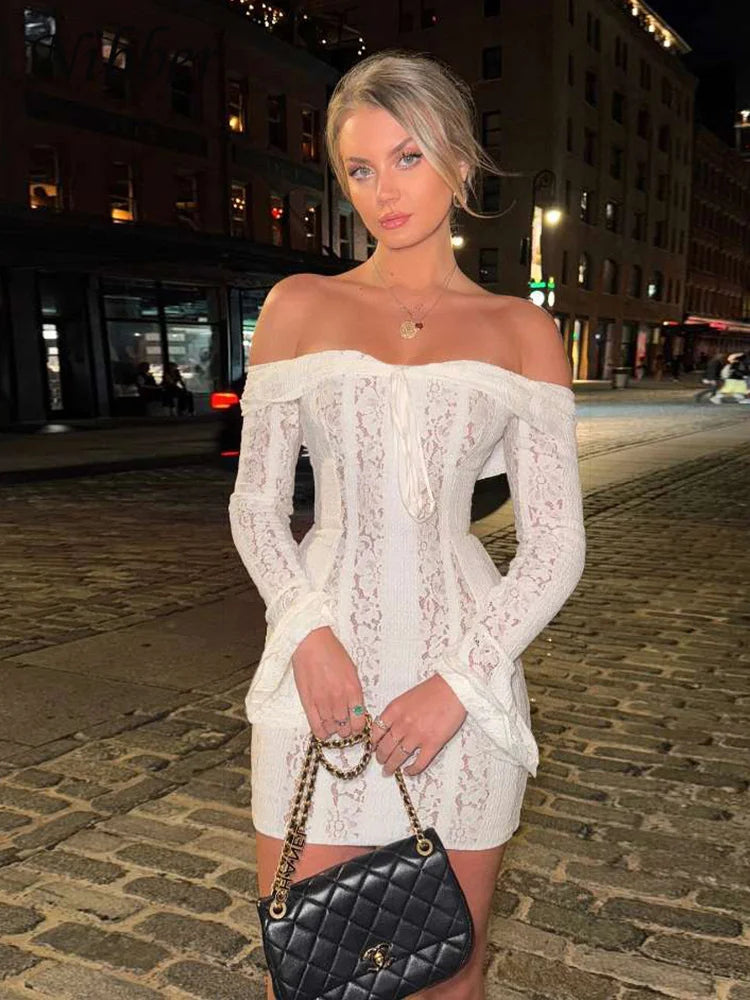 Long Sleeve Bardot Lace Insert Dress White