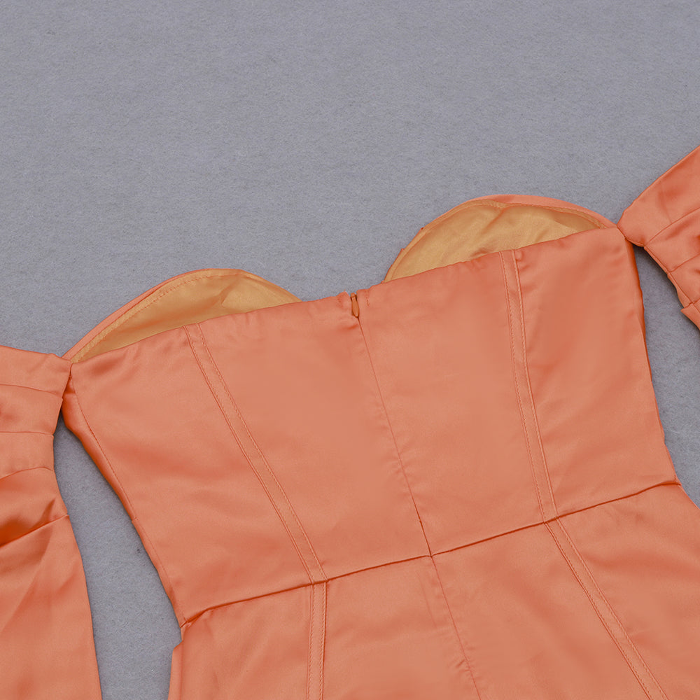 Long Sleeve Bardot Satin Dress Rust Orange HV8007