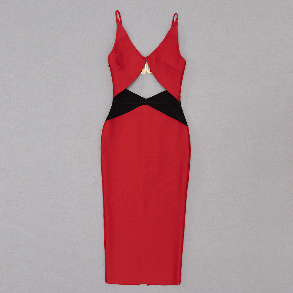 Mesh Insert Cut Out Midi Dress Red Black HV8716