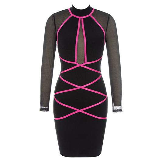 Long Sleeve Mesh Dress Black Hot Pink  HV8994