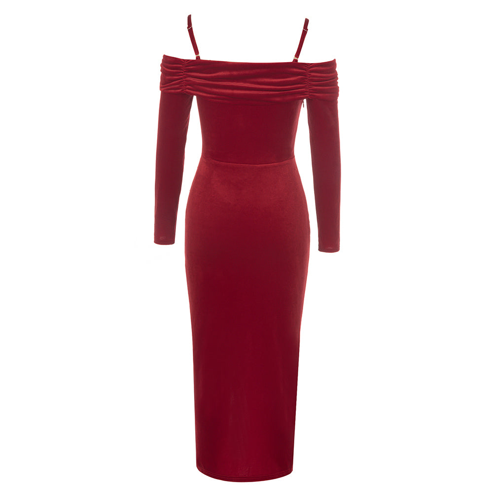 Long Sleeve Off Shoulder Draped Midi Velvet Dress HV8966