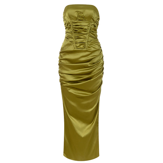 Strapless Bustier Draped Midi Silk Dress Green  HV8478