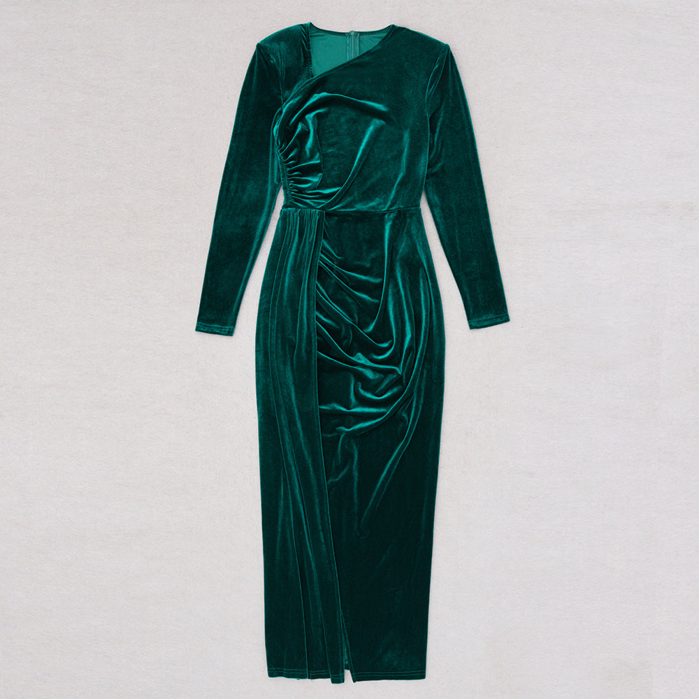 Long Sleeve Draped Midi Velvet Dress HV8990