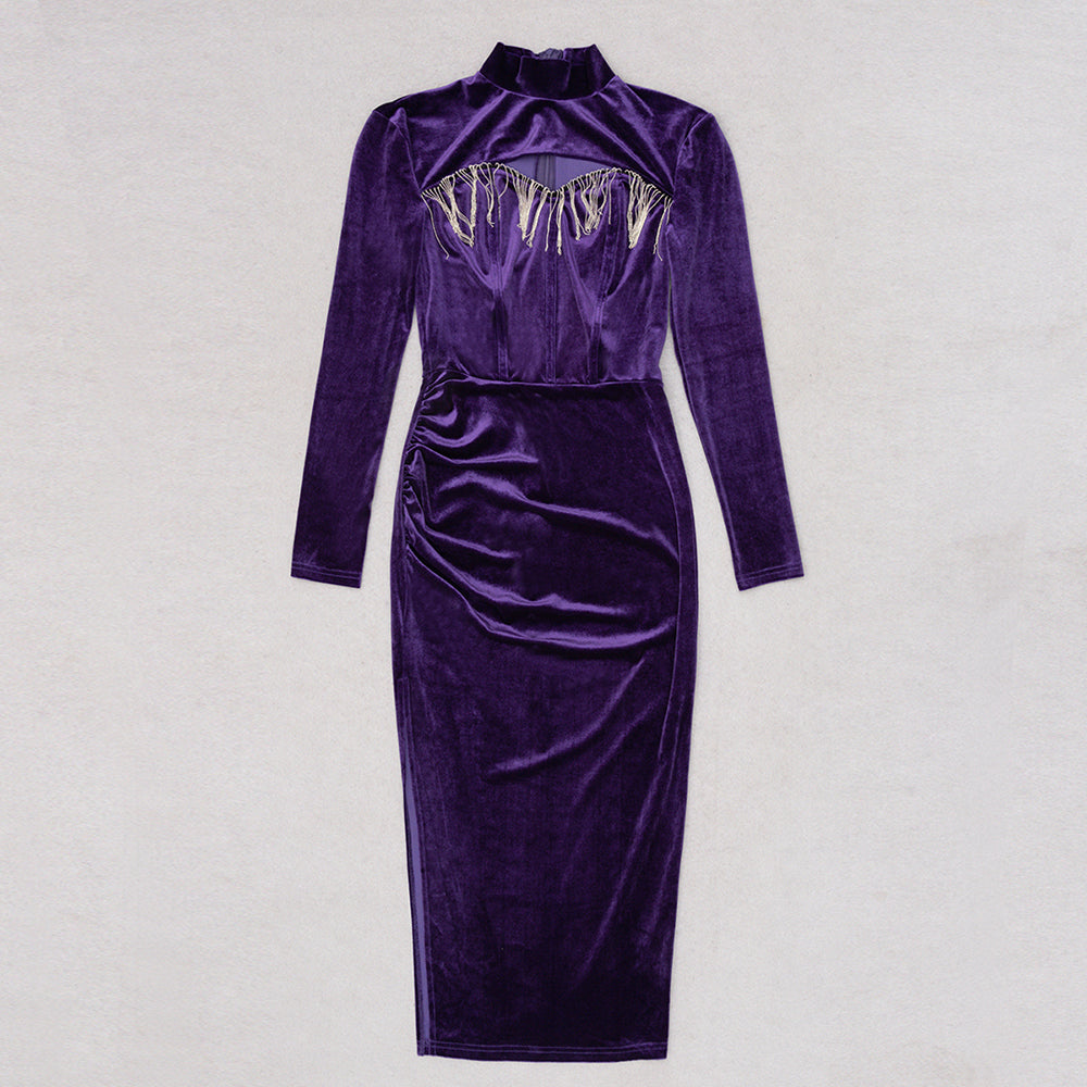Long Sleeve Embellished Midi Velvet Dress HV8987