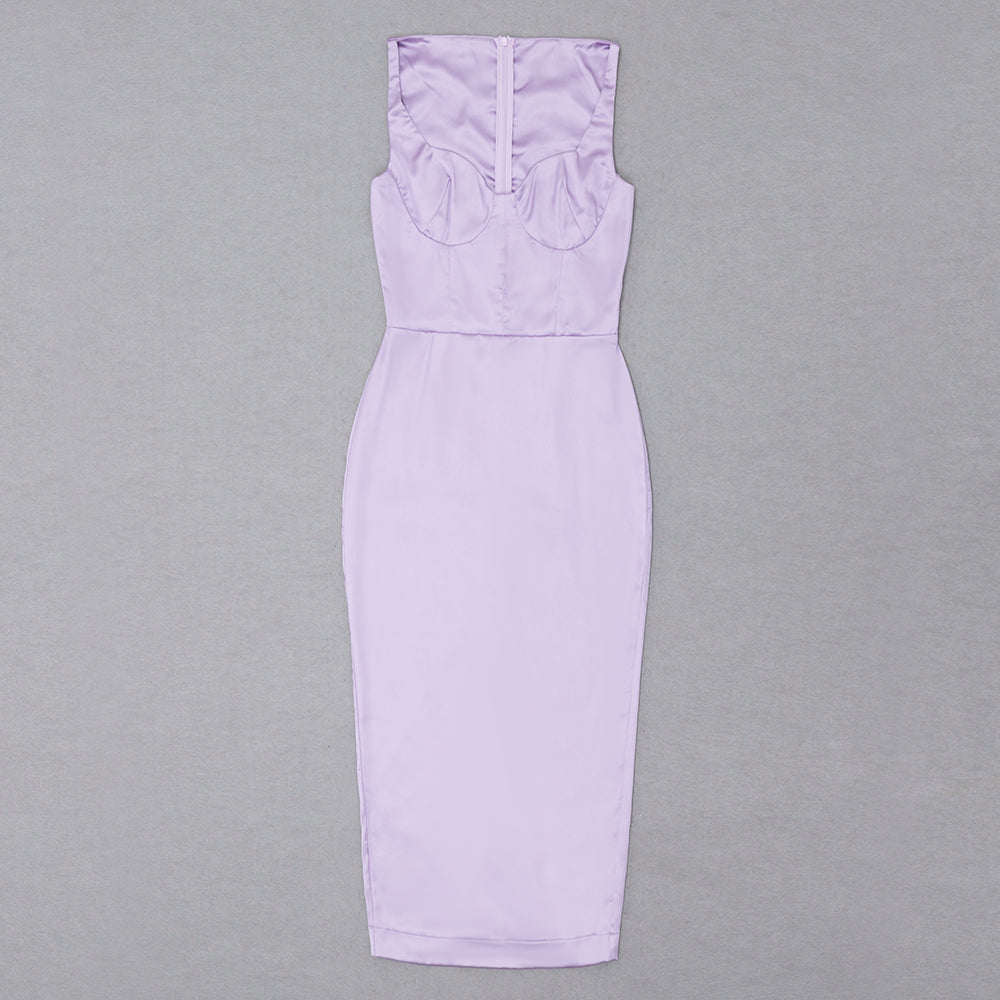Bustier Detail Midi Silk Dress Lavender V8622