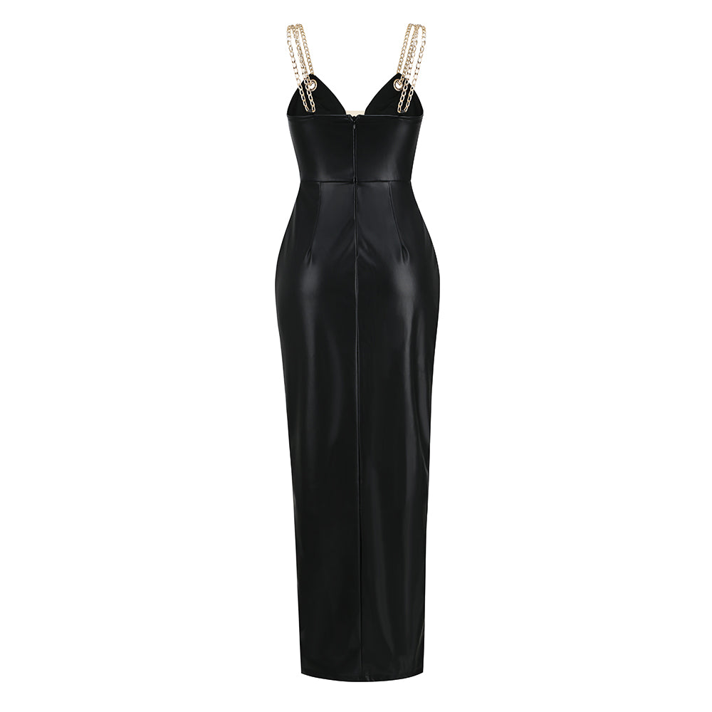 Chain Straps Maxi Faux Leather Dress HV8725