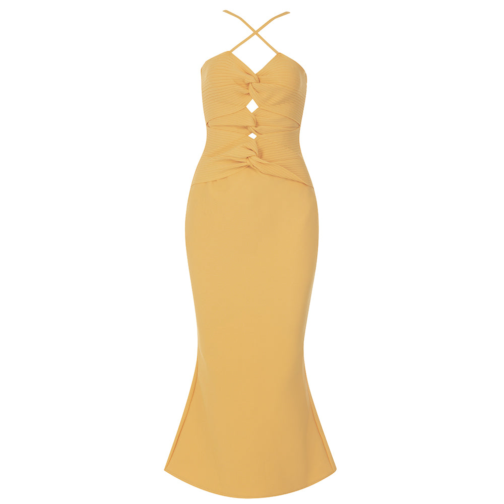 Halter Cut Out Detail Fluted Midi Dress HV8718