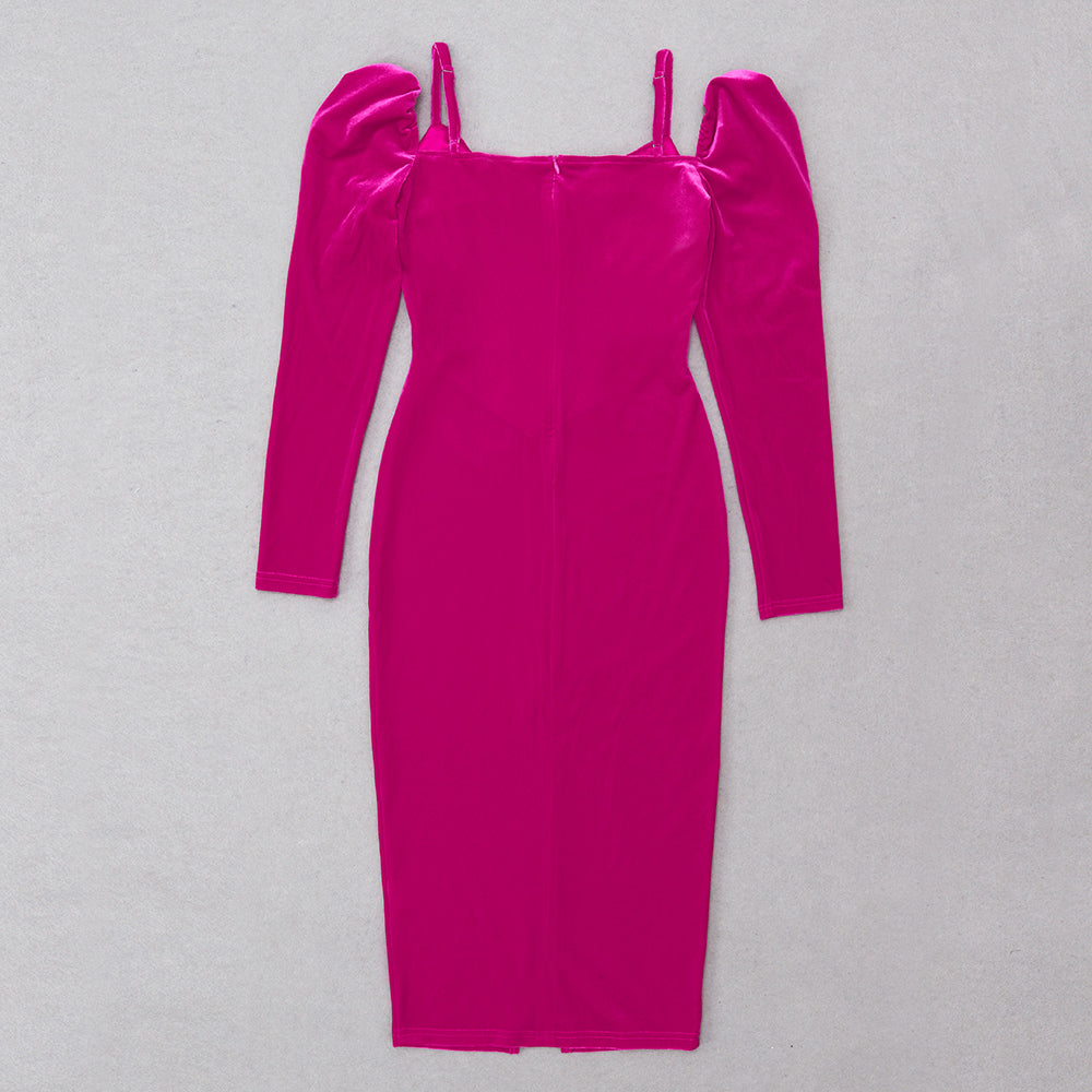 Long Sleeve Lace Insert Midi Velvet Dress Hot Pink
