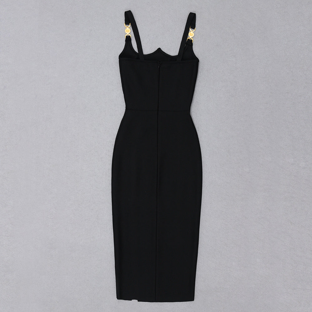 W Neck Split Midi Dress Black HV8527