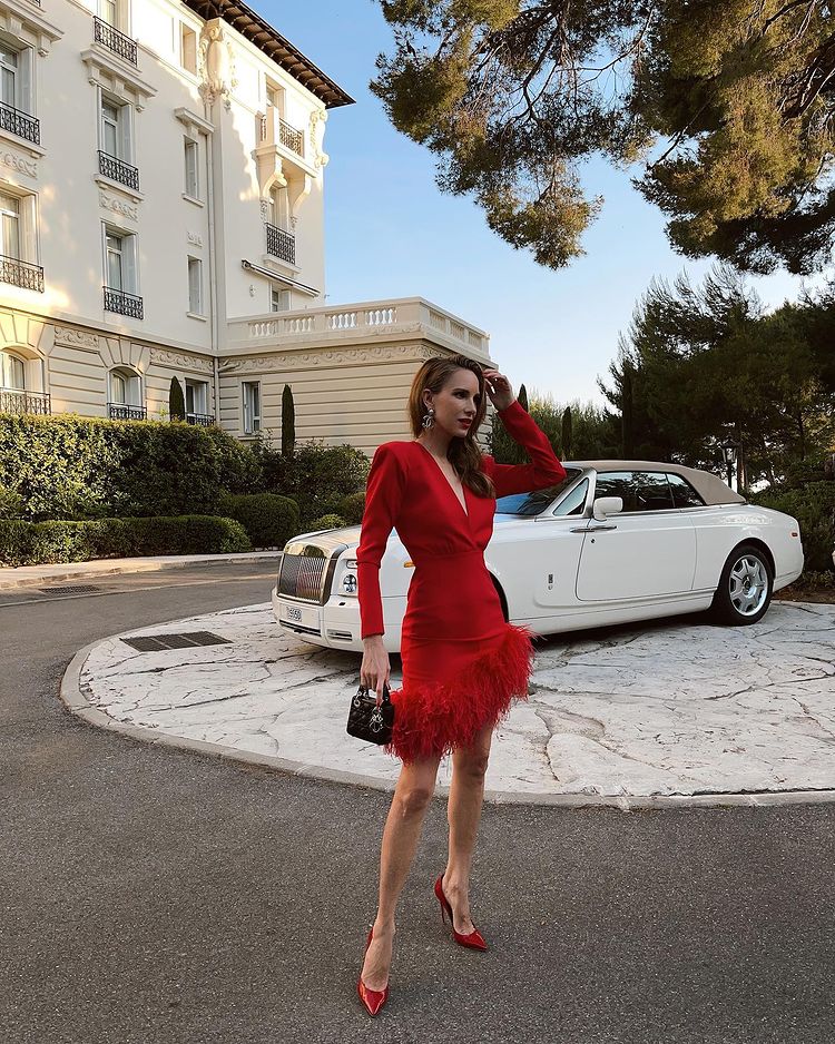Long Sleeve Feather Hem Dress Red HV9038