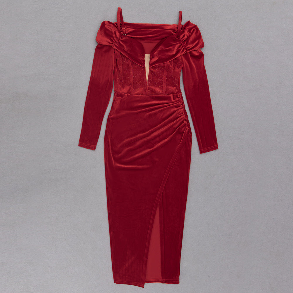 Long Sleeve Off Shoulder Draped Midi Velvet Dress HV8966