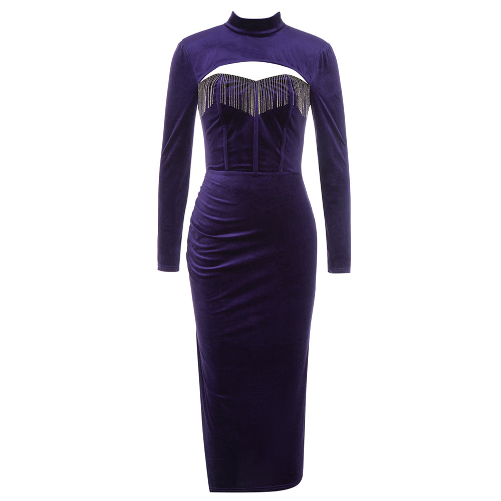 Long Sleeve Embellished Midi Velvet Dress HV8987