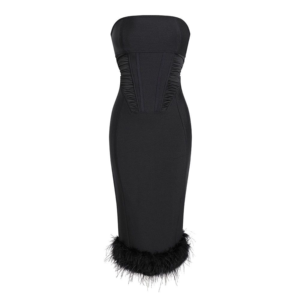 Feather Detail Strapless Midi Dress HV8926