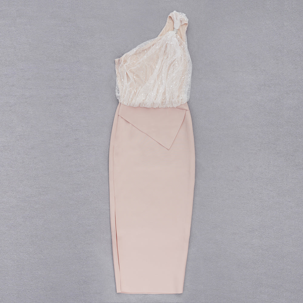 One Shoulder Draped Lace Midi Dress White Nude HV8480