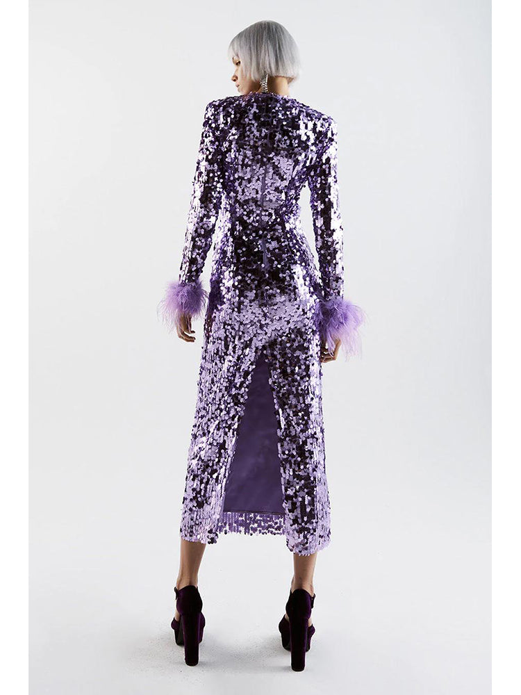 Long Sleeve Feather Sequin Midi Dress HV8915