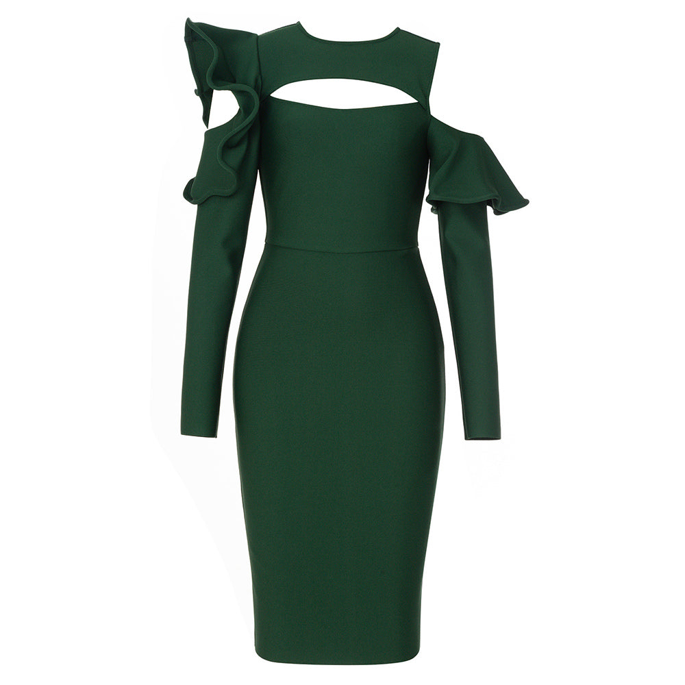 Long Sleeve Ruffle Detail Midi Dress HV9015