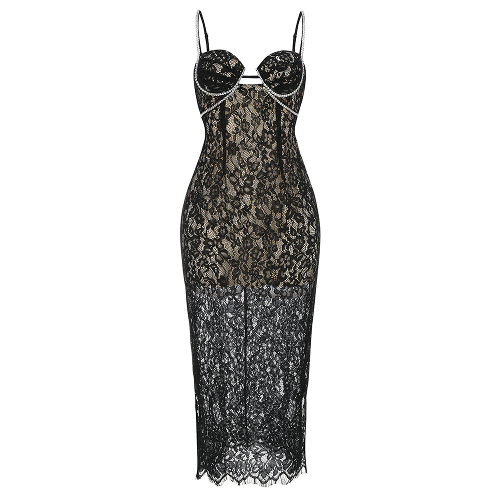 Rhinestone Bustier Crochet Midi Dress HV8840