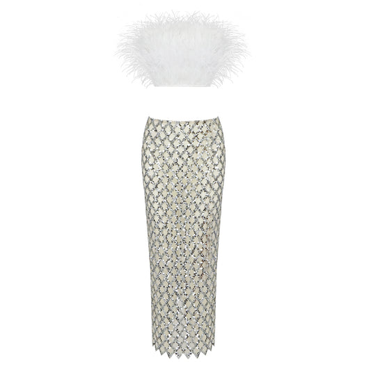 Strapless Feather Maxi Two Piece Dress  HV8893