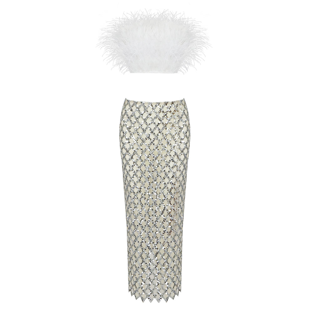 Strapless Feather Maxi Two Piece Dress HV8893