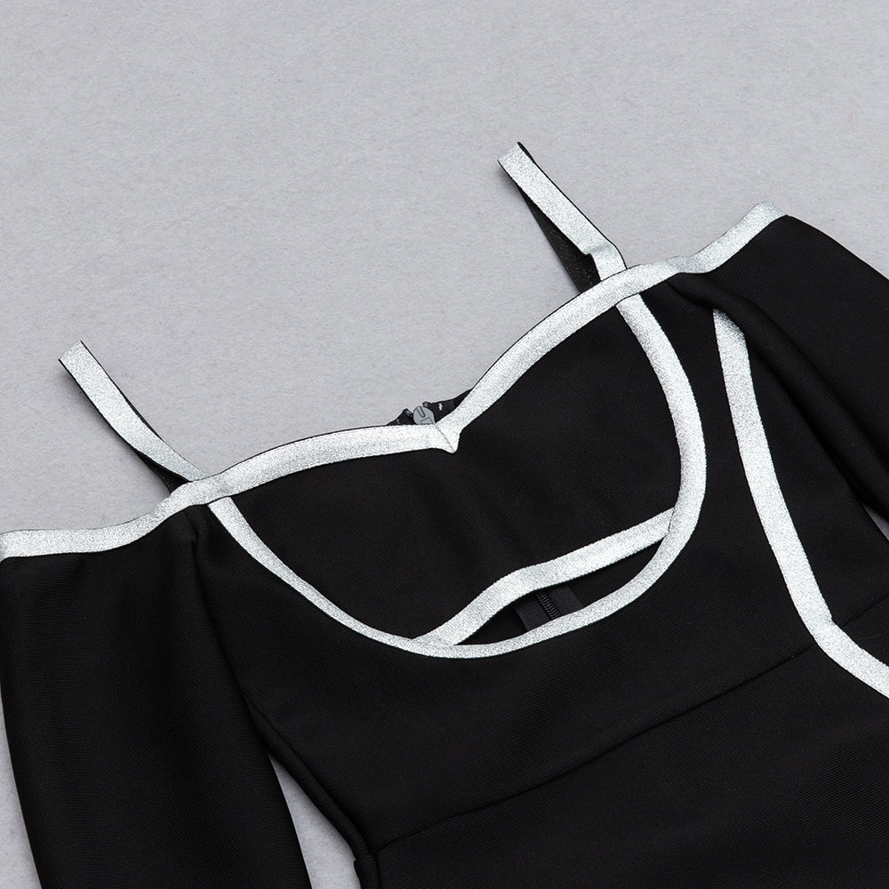 Long Sleeve Silver Trim Midi Dress Black HV9009