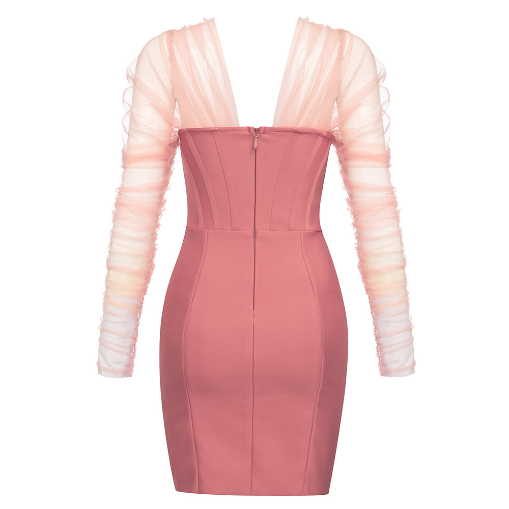 Draped Mesh Long Sleeve Structured Dress HV8650